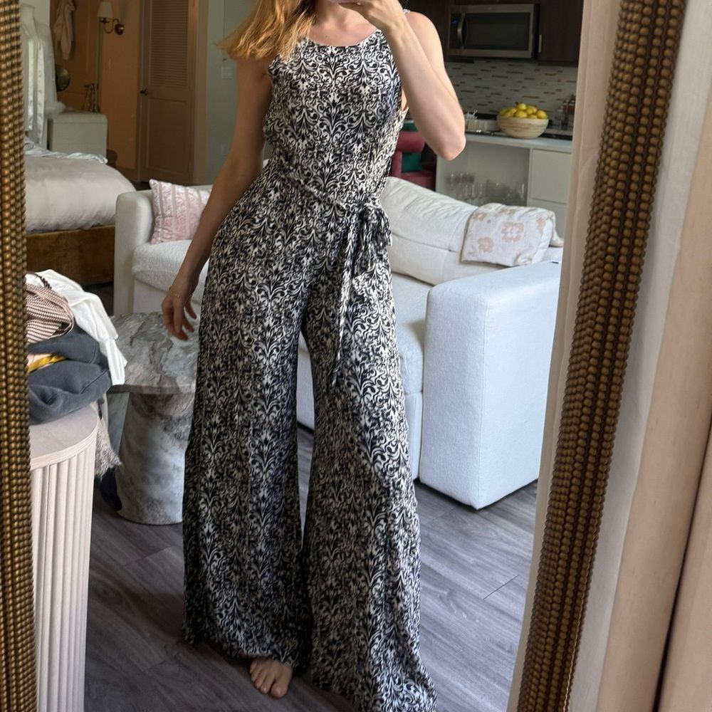 Phanuel Black & White Wide-Leg Jumpsuit – low back Boho Scroll Print palazzo S
